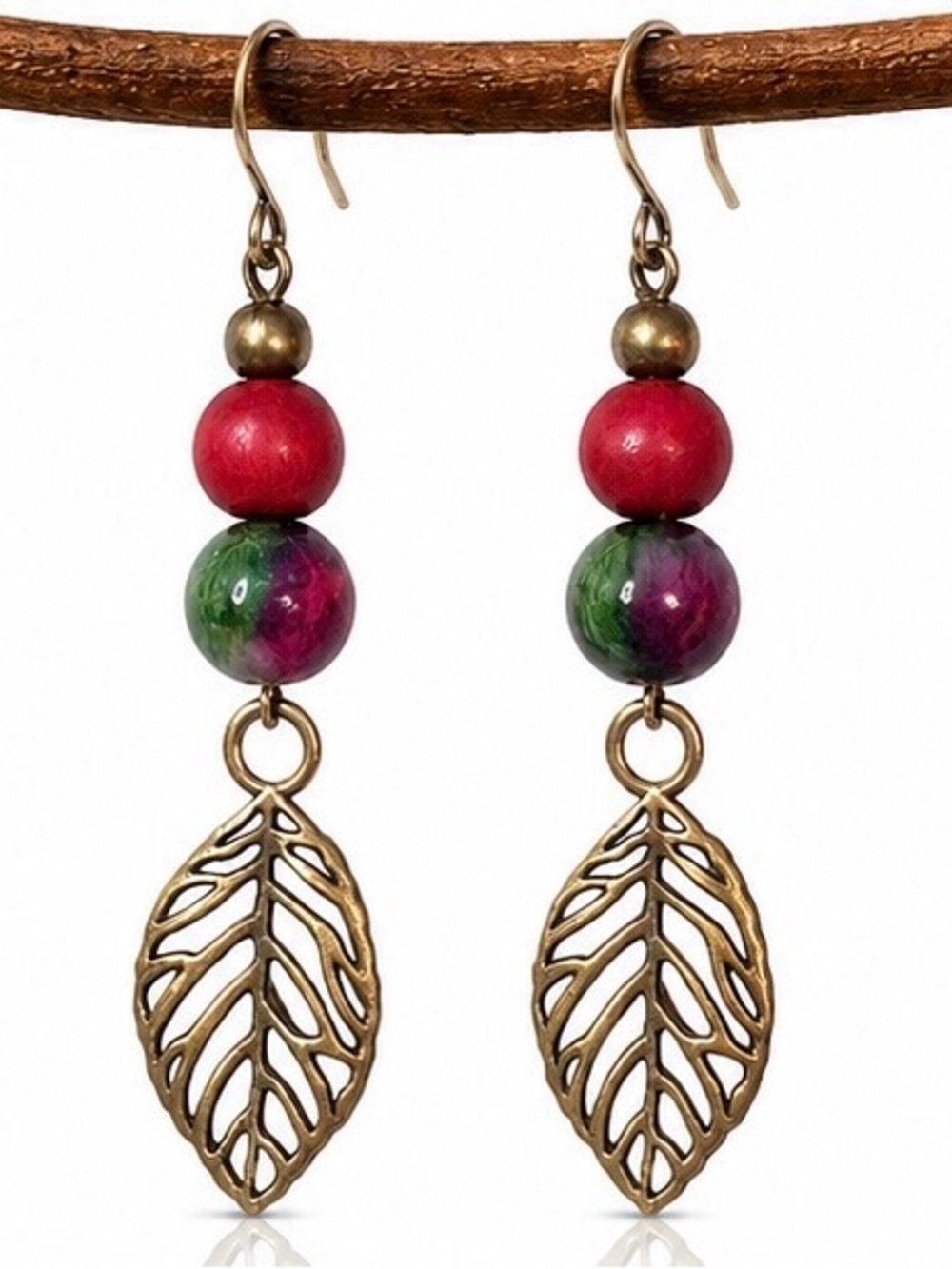 Rustic Leaf Dangle Earrings Boho Woodland Brass Pink Bead Jewelry
